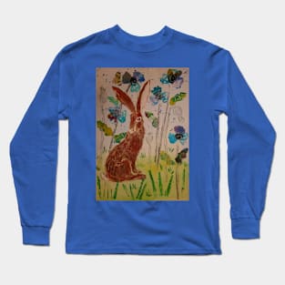 Hare among Blue Poppies Collage Long Sleeve T-Shirt